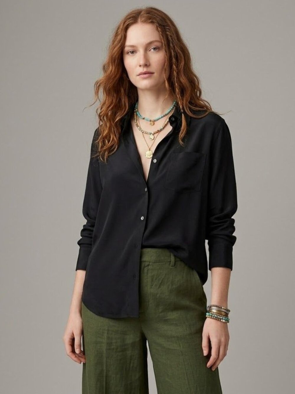 J. Crew 100% Silk Womens Black Button-Front Long Sleeve Shirt Sz S